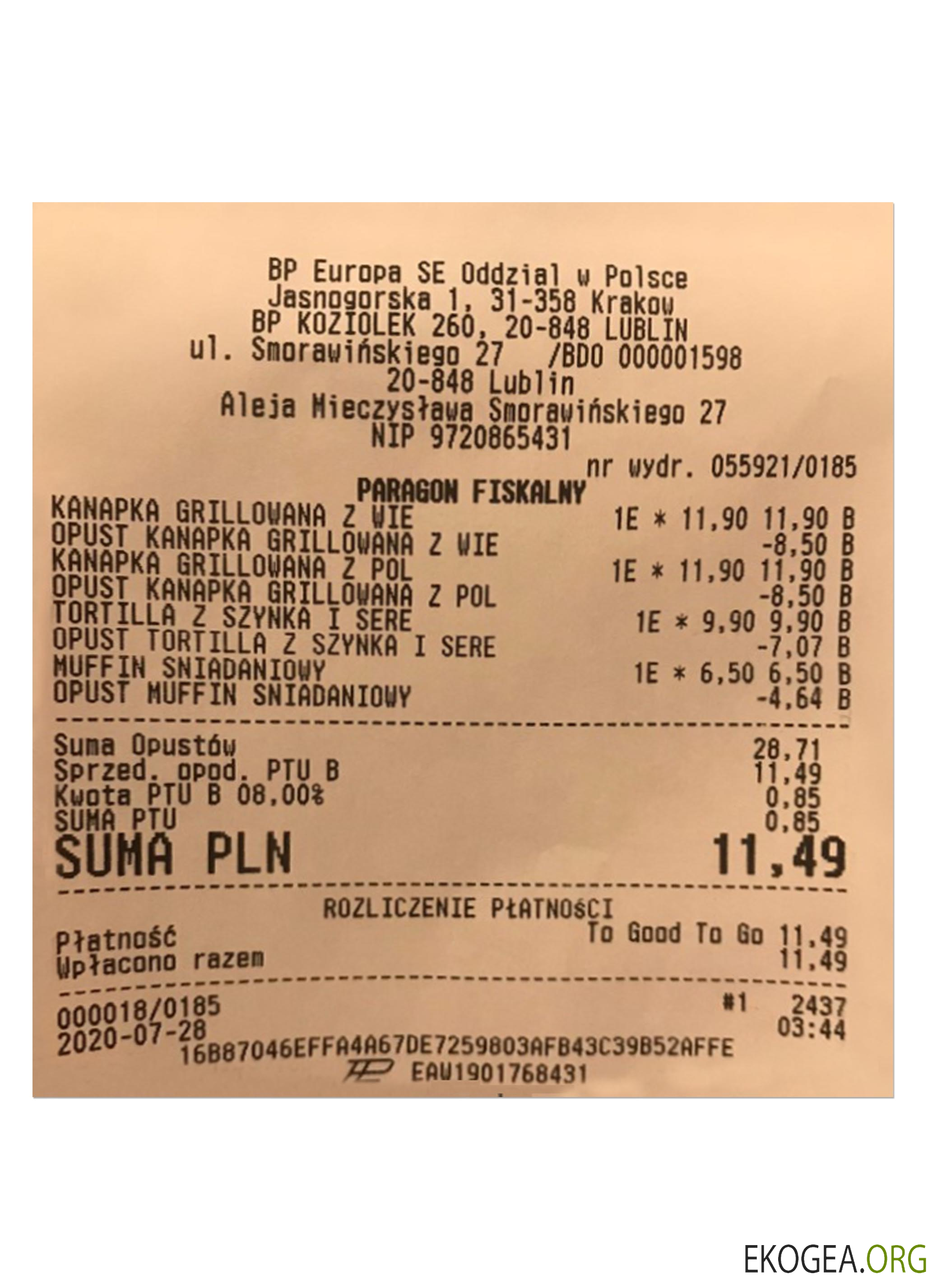 Reçu BP EUROPA SE ODDZIAL